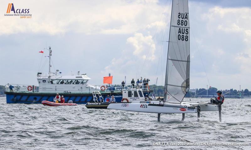 A Class Cat Worlds day 1 photo copyright Gordon Upton taken at Sopot Sailing Club and featuring the A Class Catamaran class