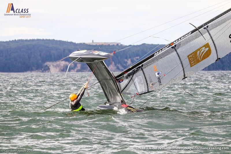 A Class Cat Worlds day 1 photo copyright Gordon Upton taken at Sopot Sailing Club and featuring the A Class Catamaran class