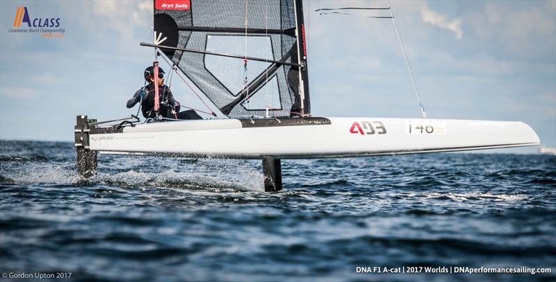 Bruce Mahoney (USA 311) lights it up on day 4 of the A Class Cat Worlds photo copyright Gordon Upton taken at Sopot Sailing Club and featuring the A Class Catamaran class