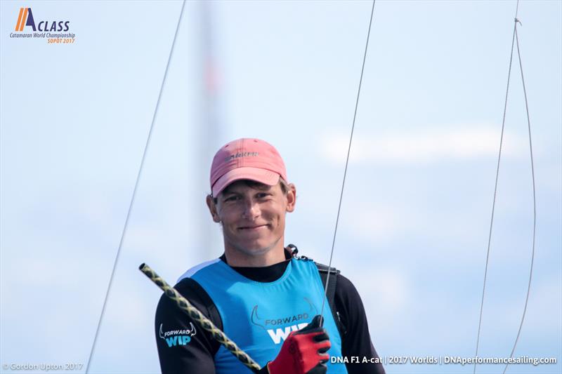 Tymuk Bendyk has a battle on his hands for silver at the A Class Cat Worlds photo copyright Gordon Upton taken at Sopot Sailing Club and featuring the A Class Catamaran class