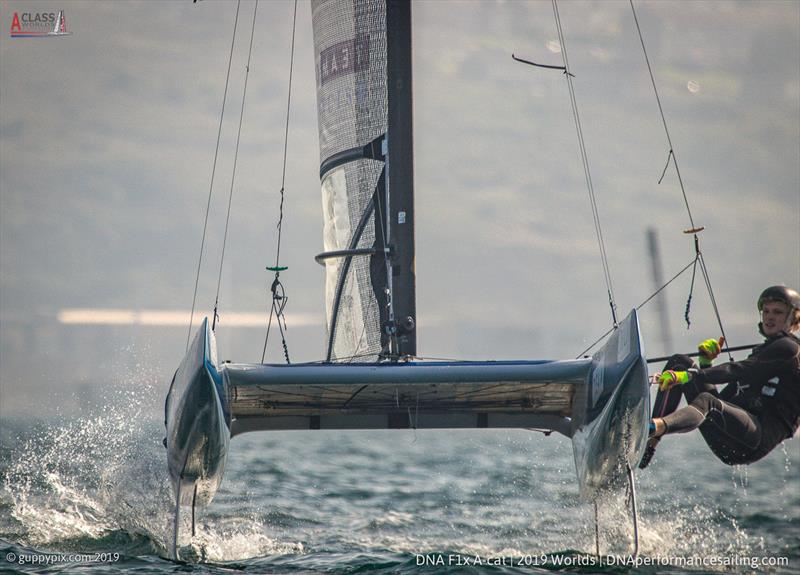 The newly crowned GBR National Open Champion, Oscar Lindley-Smith on day 2 of the A Class Cat Worlds at the WPNSA photo copyright Gordon Upton / www.guppypix.com taken at Weymouth & Portland Sailing Academy and featuring the A Class Catamaran class