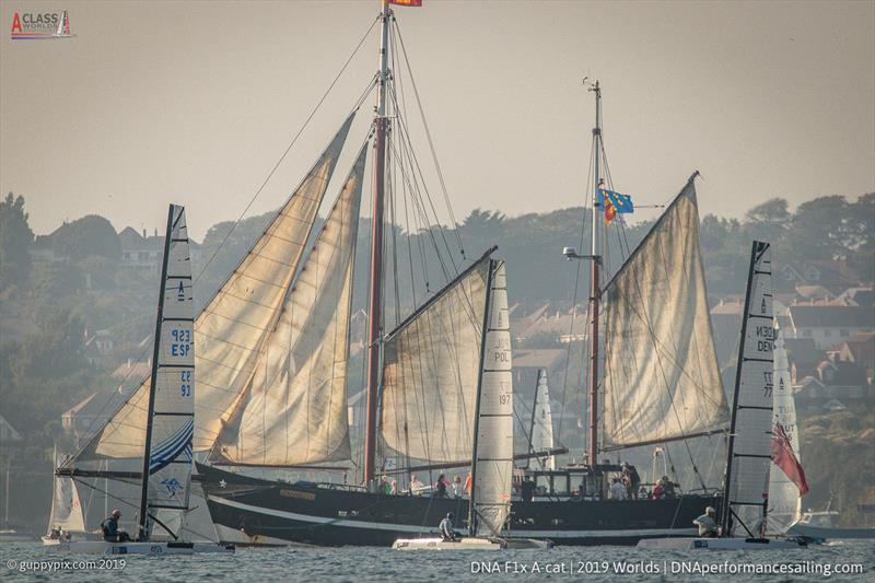 The ride home after the last race was cancelled on day 2 of the A Class Cat Worlds at the WPNSA photo copyright Gordon Upton / www.guppypix.com taken at Weymouth & Portland Sailing Academy and featuring the A Class Catamaran class