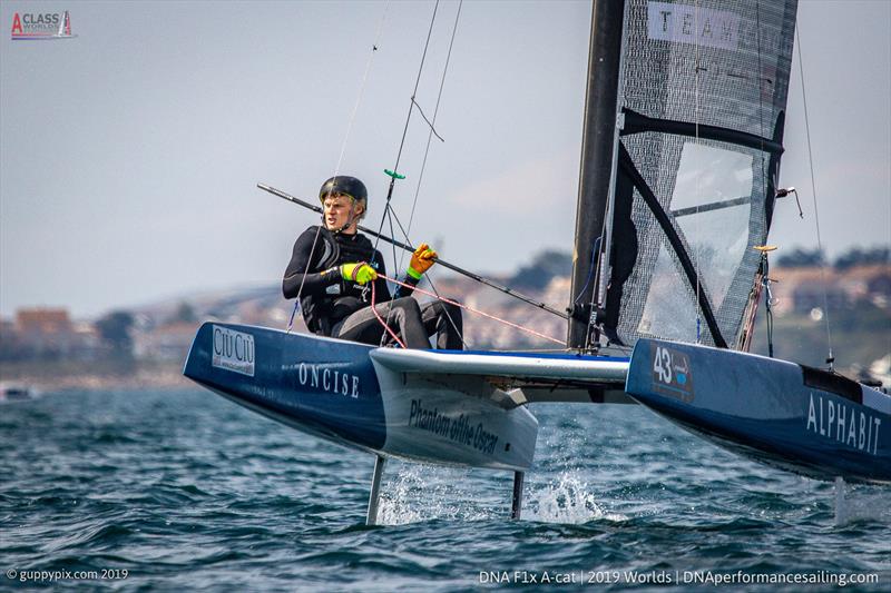 GBR National Champ, Oscar Lindley-Smith on day 3 of the A Class Cat Worlds at the WPNSA photo copyright Gordon Upton / www.guppypix.com taken at Weymouth & Portland Sailing Academy and featuring the A Class Catamaran class