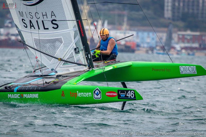 Mischa Heemskerk showing superhuman powers on occasions and is leading on day 4 of the A Class Cat Worlds at the WPNSA photo copyright Gordon Upton / www.guppypix.com taken at Weymouth & Portland Sailing Academy and featuring the A Class Catamaran class