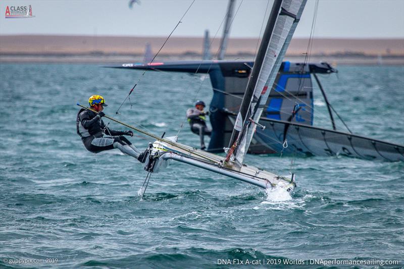 POL Sailor Kuba Surowicz scored well in race 8 on day 4 of the A Class Cat Worlds at the WPNSA photo copyright Gordon Upton / www.guppypix.com taken at Weymouth & Portland Sailing Academy and featuring the A Class Catamaran class