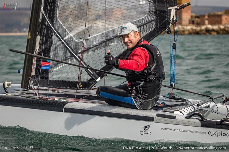 Classic champion Andrew Landenberger (AUS) in the A Class Cat Worlds at the WPNSA photo copyright Gordon Upton / www.guppypix.com taken at Weymouth & Portland Sailing Academy and featuring the A Class Catamaran class