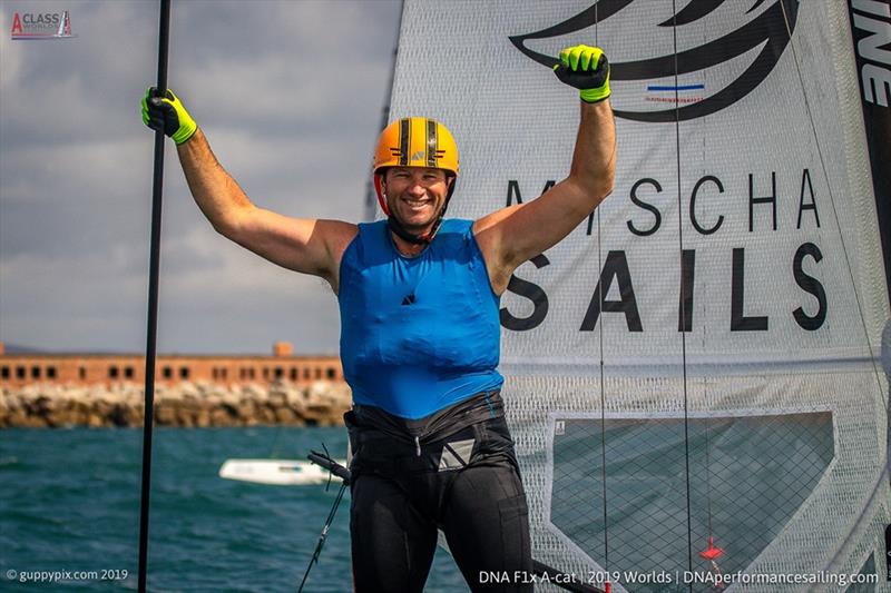 Open champion, Mischa Heemskerk (NED) in the A Class Cat Worlds at the WPNSA photo copyright Gordon Upton / www.guppypix.com taken at Weymouth & Portland Sailing Academy and featuring the A Class Catamaran class