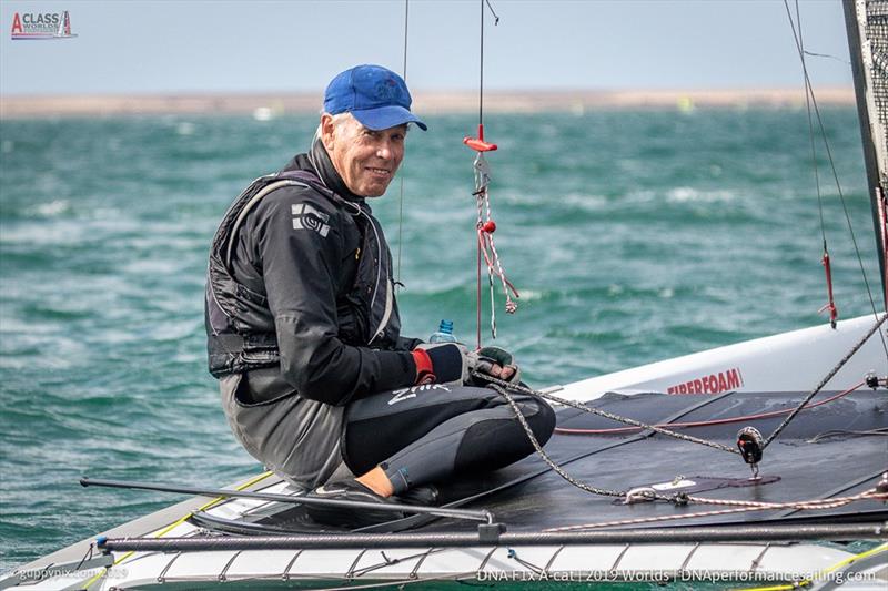 Classic Great Grandmaster champion and runner up, Scott Anderson (AUS) in the A Class Cat Worlds at the WPNSA photo copyright Gordon Upton / www.guppypix.com taken at Weymouth & Portland Sailing Academy and featuring the A Class Catamaran class