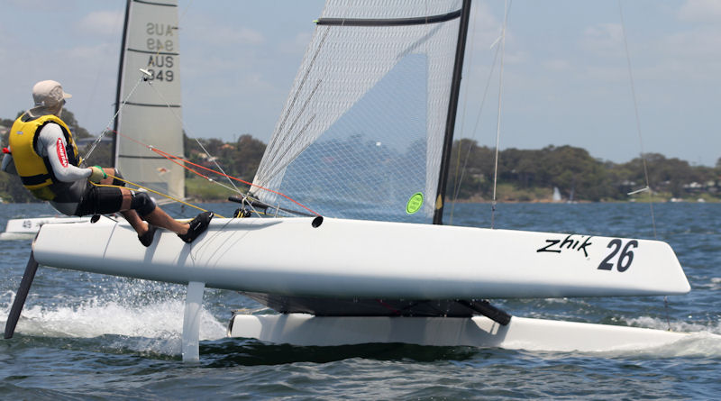 Chris Cairns on day 5 of the A Cat Australian Championships photo copyright Event Media taken at Wangi RSL Amateur Sailing Club and featuring the A Class Catamaran class