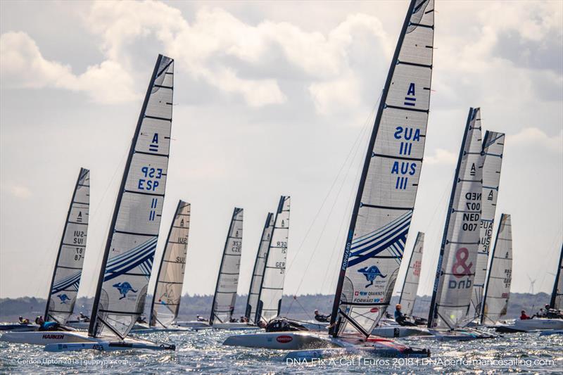 First race was sailed in Champagne Sailing conditions (if only they had known what was awaiting them later) on day 2 of the A Class Catamaran European Championships in Warnemunde photo copyright Gordon Upton / www.guppypix.com taken at  and featuring the A Class Catamaran class