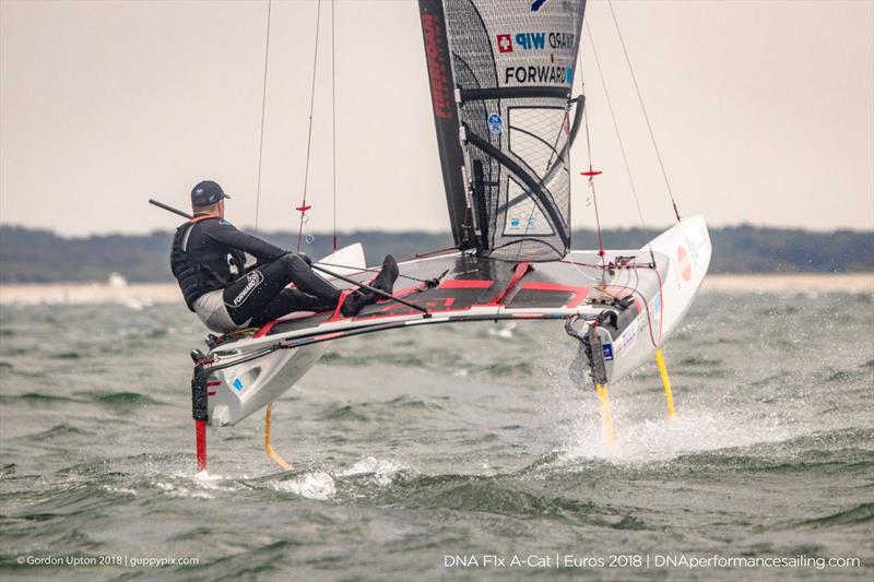 Glenn Ashby show the way and was foiling whilst sitting because of the conditions on day 2 of the A Class Catamaran European Championships in Warnemunde photo copyright Gordon Upton / www.guppypix.com taken at  and featuring the A Class Catamaran class