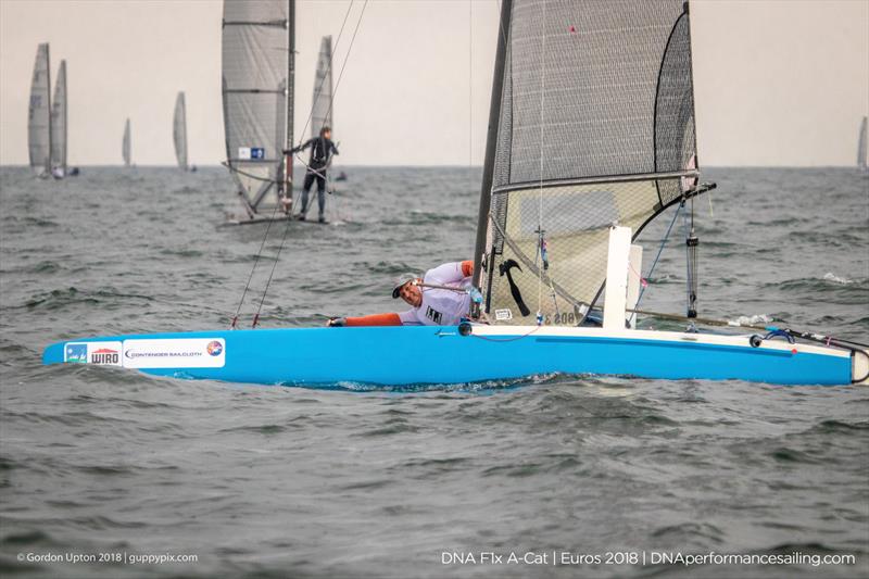 Ex Pat Scott Micky Todd sailed a great race in the classic (non-foiling) Scheurer G6 - Seen here in his low drag mode -  on day 3 of the A Class Catamaran European Championships in Warnemunde photo copyright Gordon Upton / www.guppypix.com taken at  and featuring the A Class Catamaran class