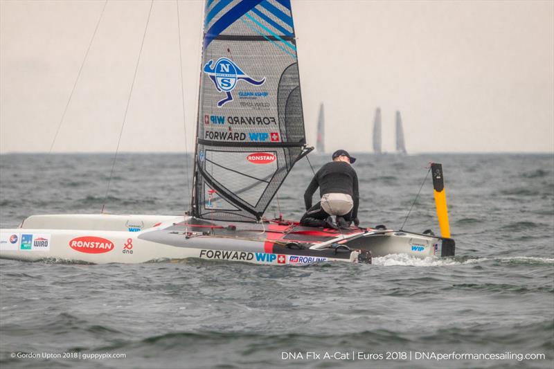 Glenn Ashby struggled to get a third in the last race after a rudder fixing failure on day 3 of the A Class Catamaran European Championships in Warnemunde photo copyright Gordon Upton / www.guppypix.com taken at  and featuring the A Class Catamaran class