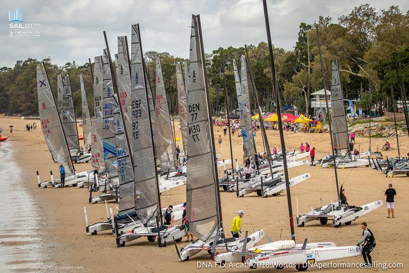 A Cat World Championship 2018 - Day 1 photo copyright Gordon Upton / www.guppypix.com taken at Hervey Bay Sailing Club and featuring the A Class Catamaran class