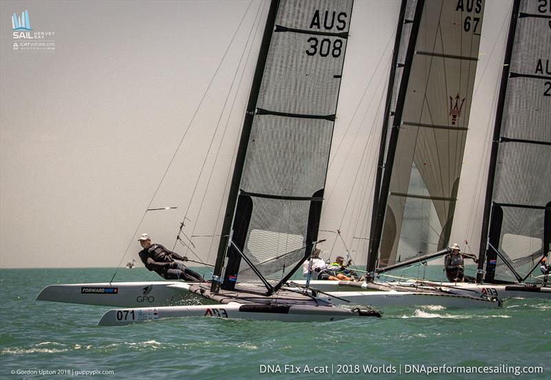 Andrew Landenberger- Final day 2018 A Class Catamaran Worlds, Hervey Bay, Queensland photo copyright Gordon Upton / www.guppypix.com taken at Hervey Bay Sailing Club and featuring the A Class Catamaran class