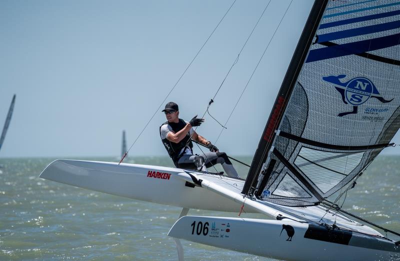 Emirates Team New Zealand's Peter Burling competing in the A-Class Catamaran World Championships in Hervey Bay, Queensland, Australia photo copyright Josh McCormack taken at Hervey Bay Sailing Club and featuring the A Class Catamaran class