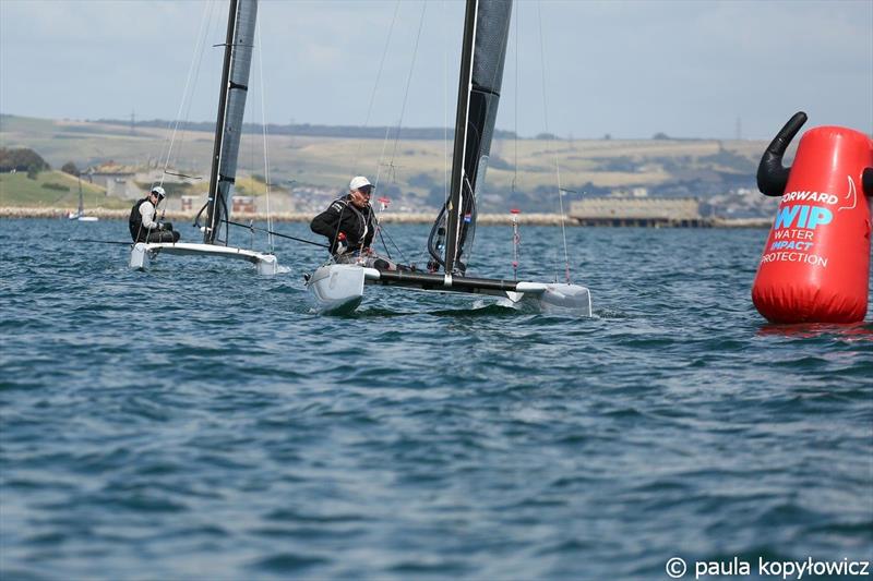Olympic medallist and former A Class World Champion Scott Anderson closing in on the top mark - A Class Cat GBR National Championships at Weymouth photo copyright Paula Kopylowicz Exploder taken at Weymouth & Portland Sailing Academy and featuring the A Class Catamaran class