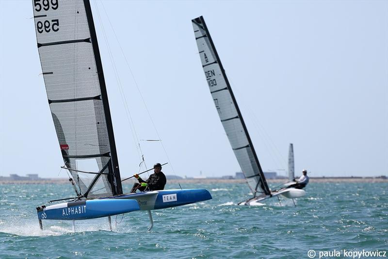 Oscar Lindley-Smith closes in on the bottom mark in the Open Division - A Class Cat GBR National Championships at Weymouth photo copyright Paula Kopylowicz Exploder taken at Weymouth & Portland Sailing Academy and featuring the A Class Catamaran class