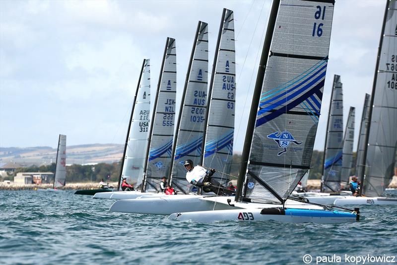 The start of the Open Division race 4 - A Class Cat GBR National Championships at Weymouth photo copyright Paula Kopylowicz Exploder taken at Weymouth & Portland Sailing Academy and featuring the A Class Catamaran class