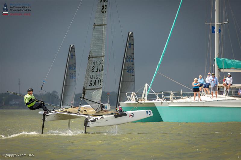 Andrew Woods CAN 55 looks delighted to have finished alive - Day 1 of the Beacon Group A-Class Catamaran World Championships in Texas - photo © Gordon Upton / www.guppypix.com