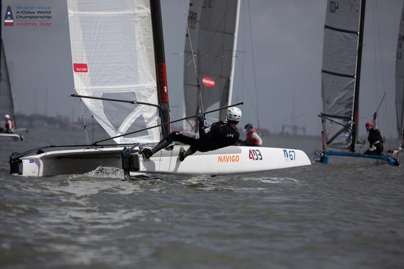 Kuba Surowiec POL 41 making his astounding race winning foiling move at the first lap top mark - Day 1 of the Beacon Group A-Class Catamaran World Championships in Texas - photo © Gordon Upton / www.guppypix.com