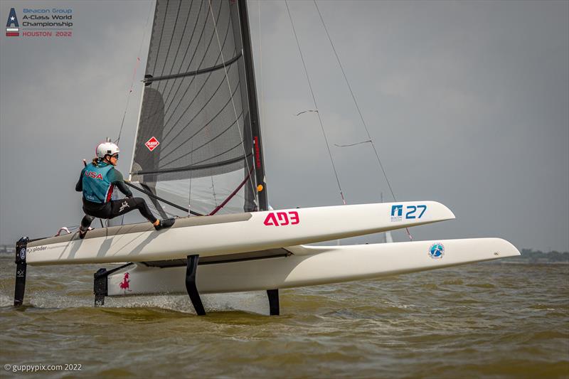 Cam Farrah shows the lads how it's done and is in the top 15 on day 2 of the Beacon Group A-Class Catamaran World Championships in Texas - photo © Gordon Upton / www.guppypix.com