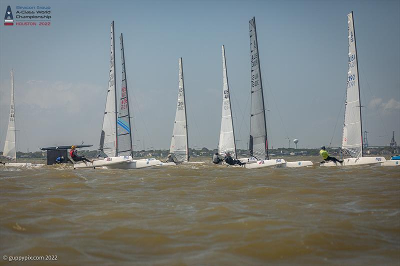 2nd race Classics get away - an interesting point is how few recalls there are in the fleet, as the time penalty is so severe, they are all understandably a little line-shy on day 2 of the Beacon Group A-Class Catamaran World Championships in Texas photo copyright Gordon Upton / www.guppypix.com taken at Houston Yacht Club and featuring the A Class Catamaran class