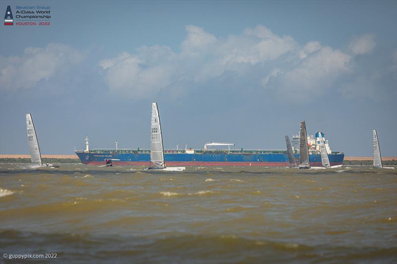 Top end conditions on the bay caused the 3rd race to be cancelled by the PRO on day 2 of the Beacon Group A-Class Catamaran World Championships in Texas photo copyright Gordon Upton / www.guppypix.com taken at Houston Yacht Club and featuring the A Class Catamaran class