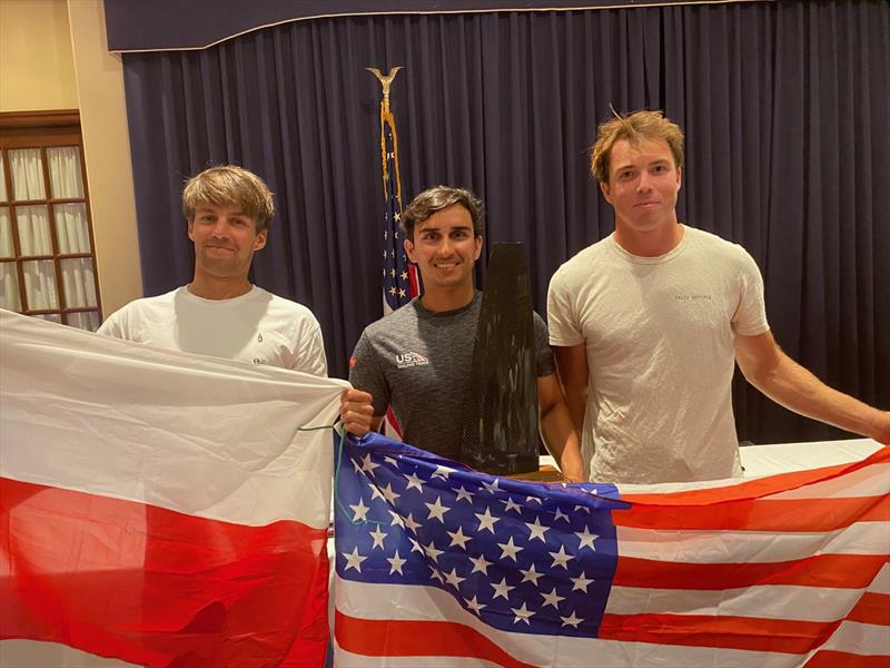 The Open podium (l-r) Kuba Surowiec 2nd, Ravi Parent Champion, Riley Gibbs 3rd at the Beacon Group A-Class Catamaran World Championships in Texas photo copyright Gordon Upton / www.guppypix.com taken at Houston Yacht Club and featuring the A Class Catamaran class