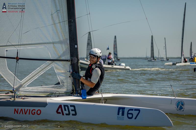 Kuba Surowiec looking happy to be in Houston on the final day at the Beacon Group A-Class Catamaran World Championships in Texas photo copyright Gordon Upton / www.guppypix.com taken at Houston Yacht Club and featuring the A Class Catamaran class