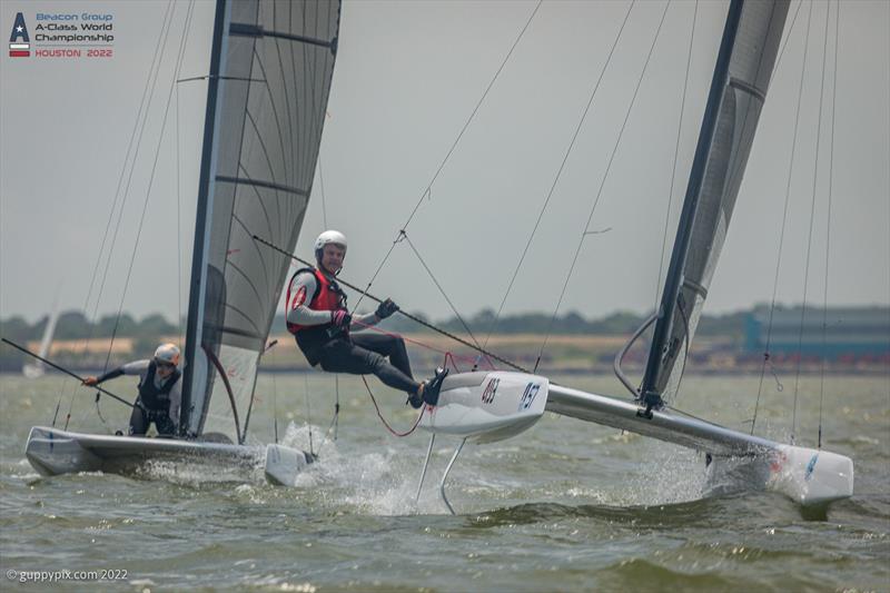 Bundy flies to his win in the last race as Ravi gybes into position to win his first World Title at the Beacon Group A-Class Catamaran World Championships in Texas photo copyright Gordon Upton / www.guppypix.com taken at Houston Yacht Club and featuring the A Class Catamaran class