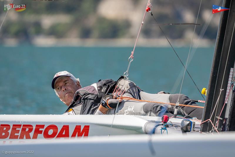 Scott Anderson, AUS 31, on the way to victory at the A-Class European Championships photo copyright Gordon Upton / www.guppypix.com taken at Circolo Vela Arco and featuring the A Class Catamaran class