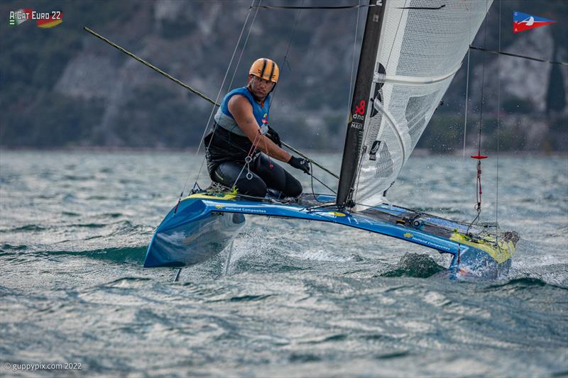 Mischa Heemskerk finished in second and thus becomes the new European Champion at the A-Class European Championships photo copyright Gordon Upton / www.guppypix.com taken at Circolo Vela Arco and featuring the A Class Catamaran class