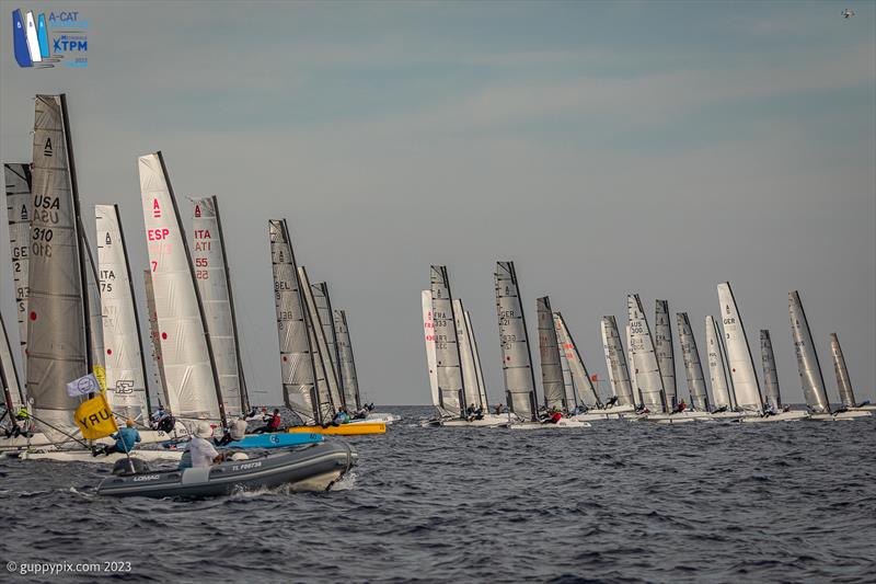 A-Cat Worlds at Toulon, France Day 2 - Classic fleet gets away in race 5 photo copyright Gordon Upton / www.guppypix.com taken at Yacht Club de Toulon and featuring the A Class Catamaran class