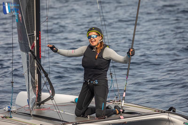 A-Cat Worlds at Toulon, France Day 3 - Cam Farrah delighted with her top ten finish yesterday photo copyright Gordon Upton / www.guppypix.com taken at Yacht Club de Toulon and featuring the A Class Catamaran class