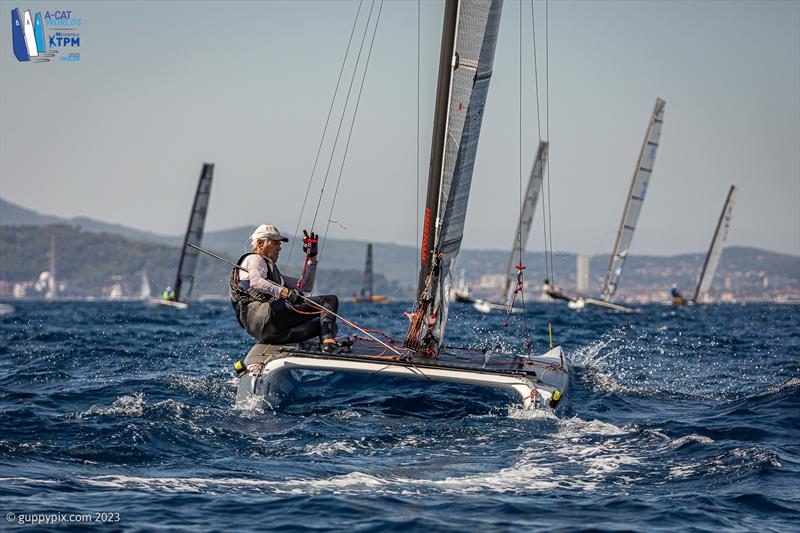 A-Cat Worlds at Toulon, France Day 4 - Scott Anderson AUS 31 approaches the bottom mark photo copyright Gordon Upton / www.guppypix.com taken at Yacht Club de Toulon and featuring the A Class Catamaran class