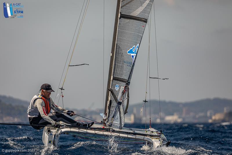 A-Cat Worlds at Toulon, France Day 4 - Gustave Doreste ESP 72 is sailing a solid race, the European Champion looks at home in these conditions just as well as the light stuff - photo © Gordon Upton / www.guppypix.com
