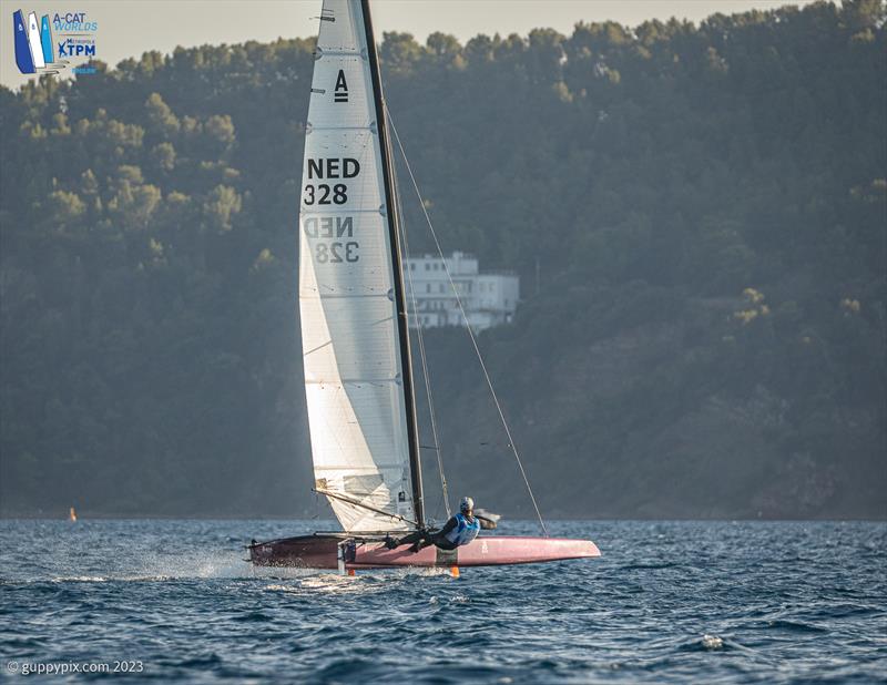 A-Cat Worlds at Toulon, France Day 4 - Team DNA sailor, Thijs Visser NED 328, flies upwind on his second lap - photo © Gordon Upton / www.guppypix.com