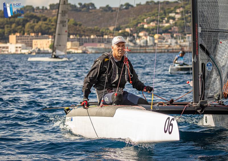 A-Cat Worlds at Toulon, France Day 6 - Scott Anderson AUS, waited 37 years before winning his second World A-Cat Championship trophy photo copyright Gordon Upton / www.guppypix.com taken at Yacht Club de Toulon and featuring the A Class Catamaran class