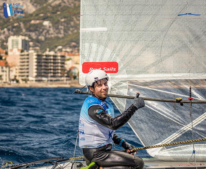 A-Cat Worlds at Toulon, France Day 6 - Exhaustion and relief - Kuba Surowiec POL become the 2023 Open Foiler A-Cat World Champion photo copyright Gordon Upton / www.guppypix.com taken at Yacht Club de Toulon and featuring the A Class Catamaran class