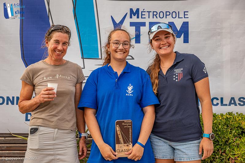 A-Cat Worlds at Toulon, France Day 6 - The three women sailors - Katrin Brunner GER, (Open) Jeane Cayre FRA (Classic) and Cam Farrah USA (Open). All sailed in every race condition to prove this exciting class is for everyone - photo © Gordon Upton / www.guppypix.com