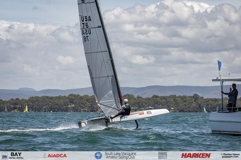 Australian A-Cat Nationals on Lake Macquarie Day 5 - Ravi Parent, 2022 World Champion, finishes his series with a 2nd, on a borrowed boat photo copyright Gordon Upton / www.guppypix.com taken at South Lake Macquarie Amateur Sailing Club and featuring the A Class Catamaran class