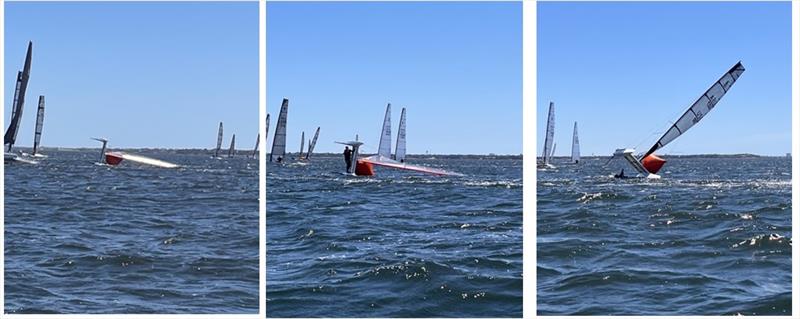 Mike Krantz (USA 007) capsizes on top of the weather mark in Race 1 - A-Class Catamaran North American Championships photo copyright Suzie Domagala taken at Pensacola Yacht Club and featuring the A Class Catamaran class