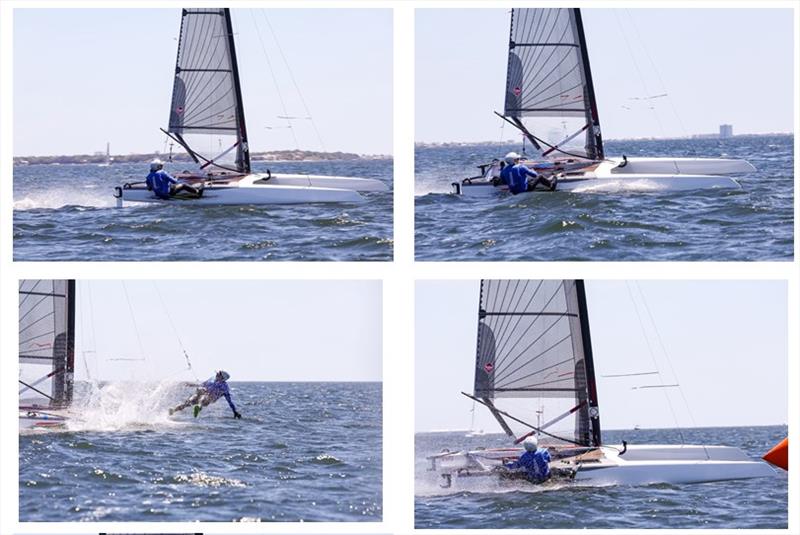 Richard Stevens (USA 294) finds his footing (or not) - A-Class Catamaran North American Championships photo copyright Tim Ludvigsen taken at Pensacola Yacht Club and featuring the A Class Catamaran class