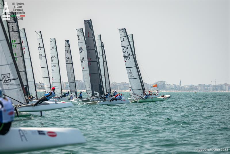 Classic fleet Race 3 gets underway on A-Class Cat European Championships at Riccione Day 2 photo copyright Gordon Upton / www.guppypix.com taken at 151 Riccione  and featuring the A Class Catamaran class