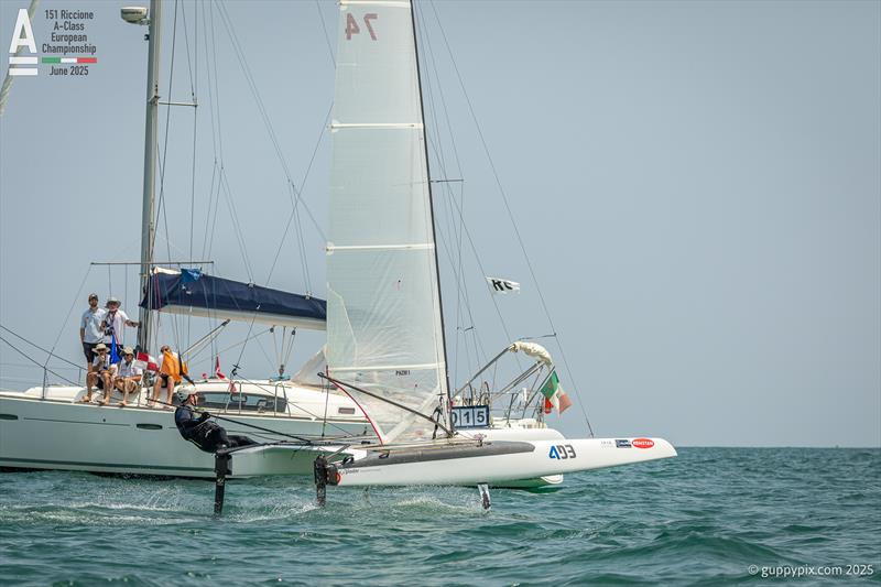 Marti Abdon Ibanez finishes in a good second place in race 1 on A-Class Cat European Championships at Riccione Day 2 photo copyright Gordon Upton / www.guppypix.com taken at 151 Riccione  and featuring the A Class Catamaran class