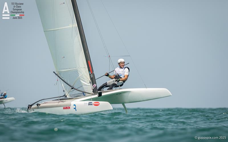 Manuel Calavia closes in on third place finish in race 1 on A-Class Cat European Championships at Riccione Day 2 - photo © Gordon Upton / www.guppypix.com