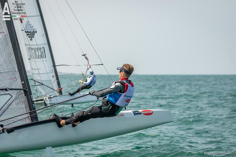 Italy's Marco Radman, is fast in light airs, and currently the leading home Classic sailor in fifth on A-Class Cat European Championships at Riccione Day 2 - photo © Gordon Upton / www.guppypix.com