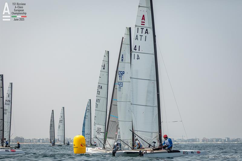 The Open boat's foils do it no favors when it is sailed in 5 kts - A-Class Cat European Championships at Riccione Day 4 - photo © Gordon Upton / www.guppypix.com