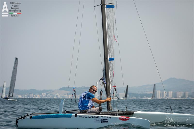 Manuel Vaccari ITA 5 is good in these conditions on his trusty old Scheurer Classic A-Cat - A-Class Cat European Championships at Riccione Day 4 - photo © Gordon Upton / www.guppypix.com